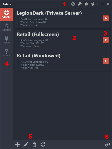 Ashita v3 launcher with create, edit, launch and shortcut icons