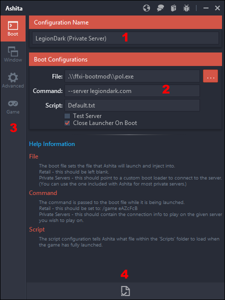 Ashita v3 Boot editor showing File, Command, Script and Save
