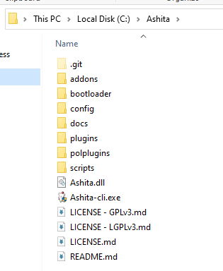 Windows File Explorer showing Ashita v4 bootloader and config folders