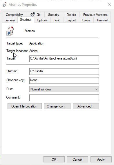 Windows shortcut properties showing the Target and Start in fields