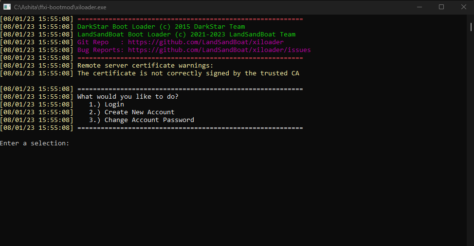 LandSandBoat xiloader console showing Login as option 1, Create New Account as option 2, and Change Account Password as option 3