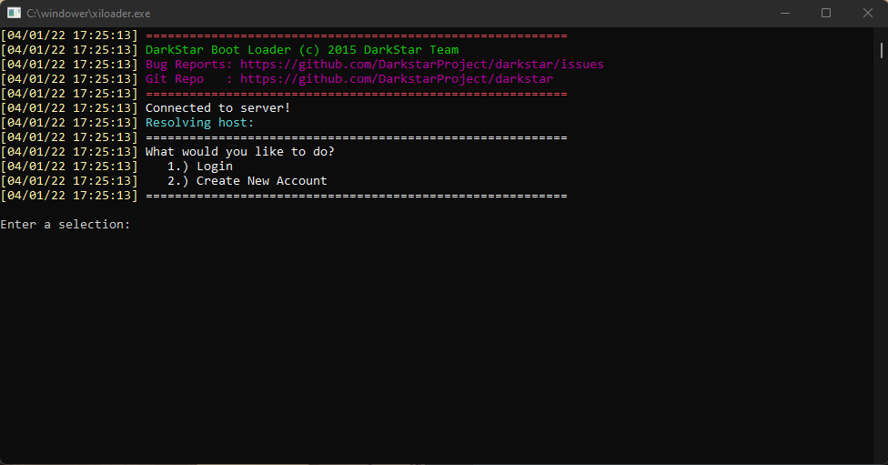 Older xiloader console showing the Login and Create New Account menu options, with Enter a selection prompt